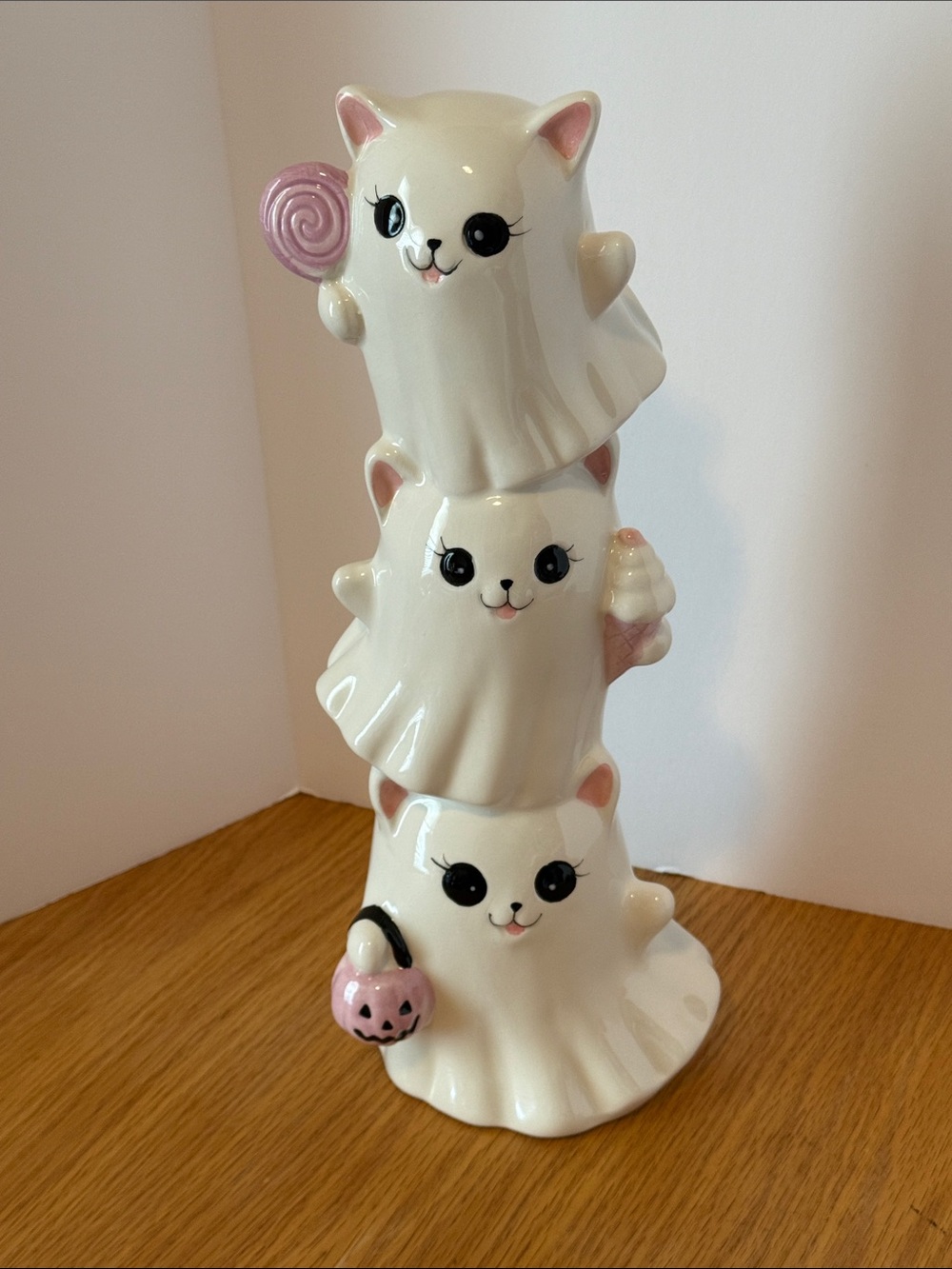 Halloween-White Ceramic Cat Ghost Stack Figurine with Pink Accents